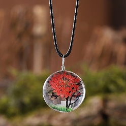 Красный Плоские круглые стеклянные ожерелья с подвеской в виде сухоцвета и дерева внутри, черные вощеные шнуры, красные, 17.52 дюйм (44.5 см)