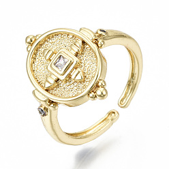 Golden Brass Micro Pave Clear Cubic Zirconia Cuff Rings, Open Rings, Wide Band Rings, Cadmium Free & Nickel Free & Lead Free, Oval, Golden, US Size 6 3/4, 17mm