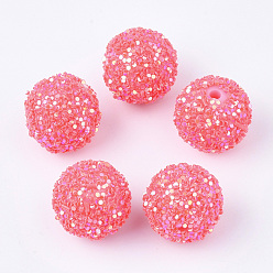 Light Coral Acrylic Beads, Glitter Beads,with Sequins/Paillette, Round, Light Coral, 19.5~20x19mm, Hole: 2.5mm