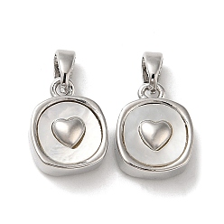 Платина Квадратные подвески из латуни из ракушек, с кнопкой на поруки, платина, 13x10x5 мм, отверстие : 5x2.5 мм