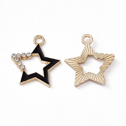 Black Alloy Rhinestone Pendants, Enamel Style, Star Charm, Golden, Black, 21.5x19x2.5mm, Hole: 2mm