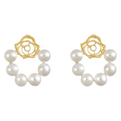 Золотой Серьги-гвоздики из пластика с имитацией жемчуга, круглая с цветком, золотые, 15 мм