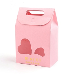 Pink Rectangle Paper Bags with Handle and Clear Heart Shape Display Window, for Bakery, Cookie, Candies, Gift Bag, Pink, 6x10x15.4cm