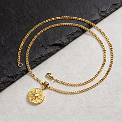 Golden Vintage 304 Stainless Steel Embossed Sun Pendant Necklaces for Men, Golden, 23.62 inch(60cm)