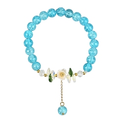 Темно-Голубой Стеклянной бусины шарм браслеты, Браслеты из искусственного жемчуга из стекла и АБС-пластика для женщин, цветок, глубокое синее небо, 7-1/4 дюйм (18.5 см)