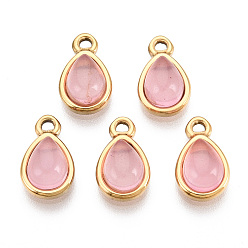 Розовый Кварц Подвески-капли из натурального розового кварца, 201 из нержавеющей стали амулеты падение, реальный 18 k позолоченный, ионное покрытие (ip), 13x8x4.5~5 мм, отверстие : 1.4~1.5 мм