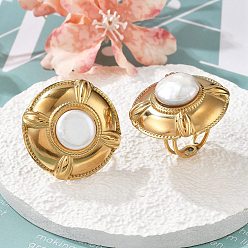 Настоящее золото 18K 304 палец кольца из нержавеющей стали, с бисером пресноводного жемчуга, плоско-круглые, ионное покрытие (ip), реальный 18 k позолоченный, размер США 6 (16.5 мм)