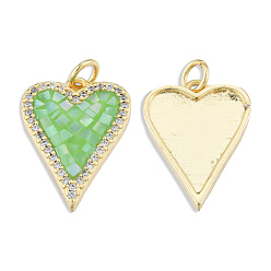 Light Green Brass Micro Pave Clear Cubic Zirconia Pendants, with Jump Rings and Shell, Enamel, Real 18K Gold Plated, Nickel Free, Heart, Light Green, 20x14.5x3mm, Jump Ring: 5x1mm, 3mm inner diameter