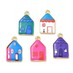 Mixed Color Printed Brass Pendants, House Charms, Rack Plating, Long-Lasting Plated, Lead Free & Cadmium Free, Real 18K Gold Plated, Mixed Color, 25x15.5x3.5mm, Hole: 2.5mm