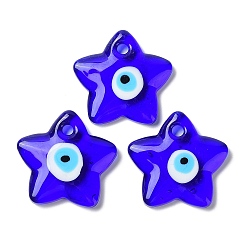 Blue Handmade Evil Eye Lampwork Pendants, Star Charm, Blue, 38x40x6.5mm, Hole: 4.5mm