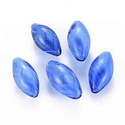 Dodger Blue Transparent Handmade Blown Glass Globe Beads, with Glitter Powder, Stripe Pattern, Rice, Dodger Blue, 25~27x12~13mm, Hole: 1~2mm