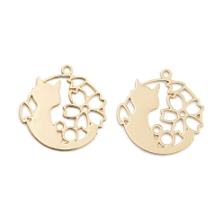 Light Gold Долговечные латунные подвески, без кадмия, без никеля и без свинца, кот с цветком, золотой свет, 14x13.5x0.3 мм, отверстие : 1 мм