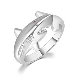Platinum Brass Rhinestone Cuff Open Rings, Shark, Platinum, 15~20mm