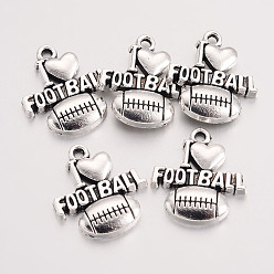 Античное Серебро Тибетский стиль подвески сплава хобби, спортивные амулеты, регби с фразой я люблю футбол, без кадмия и без свинца, античное серебро, 20.3x18.4x3 мм, Отверстие : 2 мм , около 434 шт / 1000 г