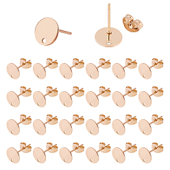 Rose Gold Ion Plating(IP) 304 Stainless Steel Stud Earring Findings, with Loop and Flat Plate, Ear Nuts/Earring Backs, Flat Round, Rose Gold, 8x1mm, Hole: 1.5mm, Pin: 0.8mm, 50pcs/box