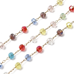Настоящее золото 18K Ручная работа 304 цепочки из нержавеющей стали с гранеными стеклянными бусинами-ронделями, пайки, красочный, ионное покрытие (ip), реальный 18 k позолоченный, 4x3 мм