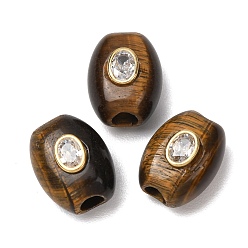 Tiger Eye Natural Tiger Eye European Beads, Oval Large Hole Beads with Brass Pave Clear Cubic Zirconia Findings, Golden, 20~20.5x15.5x13mm, Hole: 5mm