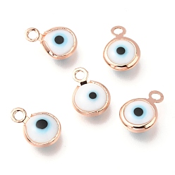 Розовый Позолоченный Подвески ручной работы сглаз, с латунной фурнитурой , плоско-круглые, синие, Настоящее розовое золото покрыто, 10x6.5x3 мм, отверстие : 1.5 мм