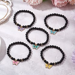 (52) Непрозрачная лаванда Круглые бусины из натуральной лавы, эластичные браслеты для женщин, с подвесками в виде бабочки, разноцветные, внутренний диаметр: 2-1/8~2-1/4 дюйм (52.5~5.7 см)