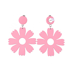 Pink Ohrstecker baumeln, mit Holz-Anhänger, 304 Edelstahlfunde und Kunststoffohrmuttern, blume & flach rund, rosa, 71~72 mm, Stift: 0.7 mm
