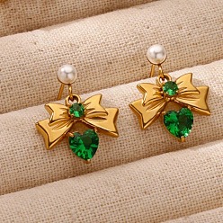 Темно-Зеленый 304 серьги-гвоздики с бантом из нержавеющей стали с микропаве из кубических цирконий, с пластиковой имитационной жемчужиной, реальный 18 k позолоченный, темно-зеленый, 21x17 мм