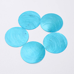 Deep Sky Blue Dyed Freshwater Capiz Shell Big Pendants, Flat Round, Deep Sky Blue, 50x1mm, Hole: 1mm