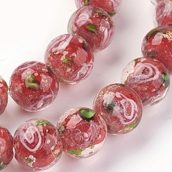 Red Handmade Gold Sand Lampwork Beads Strands, Inner Flower, Round, Red, 10x9mm, Hole: 1mm, about 40~42pcs/strand, 14.56 inch~14.96 inch(37~38cm)