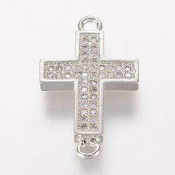 Platinum Brass Micro Pave Cubic Zirconia Links, Cross, Platinum, 22.5x13x2mm, Hole: 1.5mm