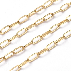 Real 18K Gold Plated Soldered Brass Paperclip Chains, Flat Oval, Drawn Elongated Cable Chains, Long-Lasting Plated, with Spool, Real 18K Gold Plated, 6x2.5~3x0.5mm, about 16.4 Feet(5m)/roll