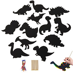 Черный Царапина радуга живопись искусство бумага, самодельное скретч-арт, с закладкой из бумаги с динозаврами, шелковая лента и бамбуковые палочки, чёрные, 15x5 см, 12 шт / комплект