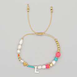 Letter L Initial Letter Natural Pearl Braided Bead Bracelet, Adjustable Bracelet, Letter L, 11 inch(28cm)