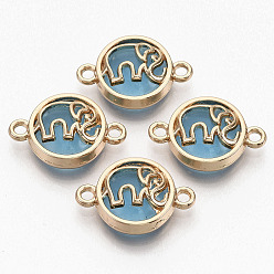 DodgerBlue Glass Links connectors, with Light Gold Plated Alloy Findings, Flat Round with Elephant, Light Sky Blue, 13.5x19.5x5.5mm, Hole: 1.6mm
