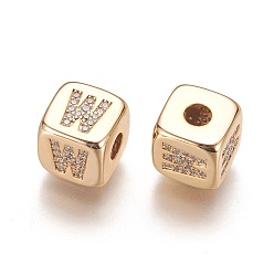 Letter W Brass Micro Pave Cubic Zirconia Beads, Horizontal Hole, Real 18K Gold Plated, Long-Lasting Plated, Cube with Letter, Clear, Letter.W, 9x9x9mm, Hole: 3.5mm