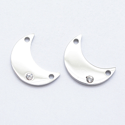 Stainless Steel Color 316 Surgical Stainless Steel Micro Pave Cubic Zirconia Links connectors, Moon, Clear, Stainless Steel Color, 15x10.5x2mm, Hole: 1mm
