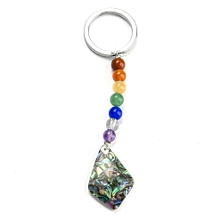 Rhombus Abalone Shell/Paua Shell Keychain, with Alloy Key Rings and Chakra Gemstone Beads, Rhombus, 10.1cm, pendant: 75x20x6.5mm