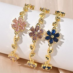 (52) Непрозрачная лаванда Браслеты-цепочки с цветами и листьями из латуни с микропаве из кубических цирконий для женщин, стойки покрытие, долговечный, без кадмия и без свинца, реальный 18 k позолоченный, разноцветные, 5-5/8 дюйм (14.2 см)