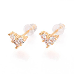 Настоящее золото 18K Серьги-гвоздики из латуни с микро-паве и прозрачным фианитом в форме сердца, долговечный, без никеля , реальный 18 k позолоченный, 5.8x7.2 мм, штифты : 0.8 мм