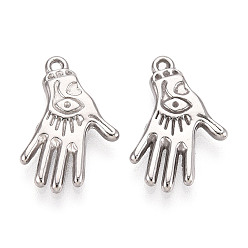 Нержавеющая Сталь Цвет 304 подвески из нержавеющей стали, рука со сглазом, за половину пробурено бисера, цвет нержавеющей стали, 18.5x11x2 мм, отверстие : 1 мм, пригодный для стразов 0.6 мм