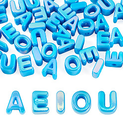 Bleu Ciel Foncé 50 pcs 5 styles placage uv perles acryliques opaques, iridescent, lettre aeiou, bleu profond du ciel, 20.5x8~18x13.5mm, Trou: 6mm, 10 pcs / style
