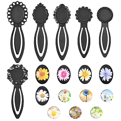 Черный Наборы для изготовления овальных и плоских круглых закладок с цветочным рисунком своими руками., включая закладки из цинкового сплава и стеклянные кабошоны., чёрные, 90x31 мм