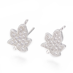 Platinum Autumn Theme Brass Stud Earring Findings, with Cubic Zirconia and Loop, Maple Leaf, Clear, Platinum, 12x7.5mm, Hole: 1.2mm, Pin: 0.8mm
