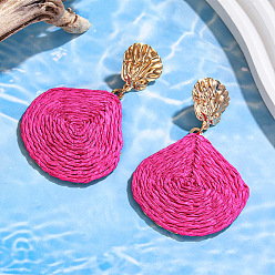 Темно-Розовый Серьги-гвоздики из сплава рафии в форме капли с ракушкой, золотые, темно-розовыми, 76x50 мм