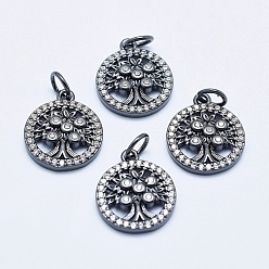 Черный Цвет Металла Латунные микропаве прозрачные кубические циркониевые подвески, долговечный, без кадмия, без никеля и без свинца, плоские круглые с деревом, металлический черный , 14.5x12x2.5 мм, отверстие : 3 мм