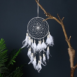 Белый Тканая сетка/паутина с подвесными украшениями из перьев, для дома гостиная спальня декор, с деревянных бусин, белые, 500x200 мм