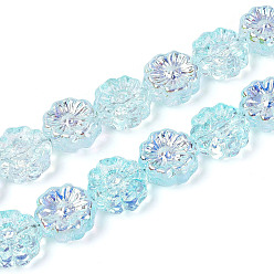 Бледно-бирюзовый Гальванизируйте прозрачное стекло бисер нитей, цветка сливы, с покрытием AB цвета, бледные бирюзовая, 14~14.5x14~14.5x6~6.5 мм, отверстие : 1~1.2 мм, около 45 шт / нитка, 24.41~24.80 дюйм (62~63 см)