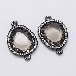 Gray Brass Micro Pave Cubic Zirconia Links, with Glass, teardrop, Cadmium Free & Lead Free, Gray, 24x17x4mm, Hole: 1.5mm