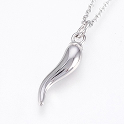 Нержавеющая Сталь Цвет Устойчивые к потускнению 304 ожерелья с подвесками из нержавеющей стали, рог изобилия / итальянский рог корничелло, цвет нержавеющей стали, 17.71 дюйм (45 см), 1.5 мм