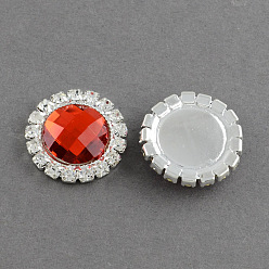 Red Shining Flat Back Faceted Half Round Acrylic Rhinestone Cabochons, with Grade A Crystal Rhinestones and Brass Cabochon Settings, Silver Color Plated Metal Color, Red, 18x5.5mm