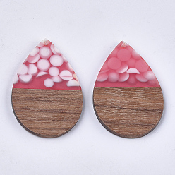 Hot Pink Resin & Walnut Wood Pendants, Teardrop, Hot Pink, 47.5~48x31.5x3mm, Hole: 2mm