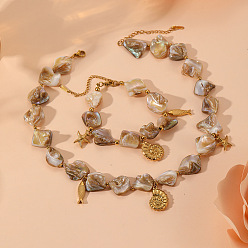 Золотой Браслеты и ожерелья из натуральных ракушек, 304 комплекты украшений с подвесками в форме раковины из нержавеющей стали, золотые, колье: 15.75 дюйм (40 см)